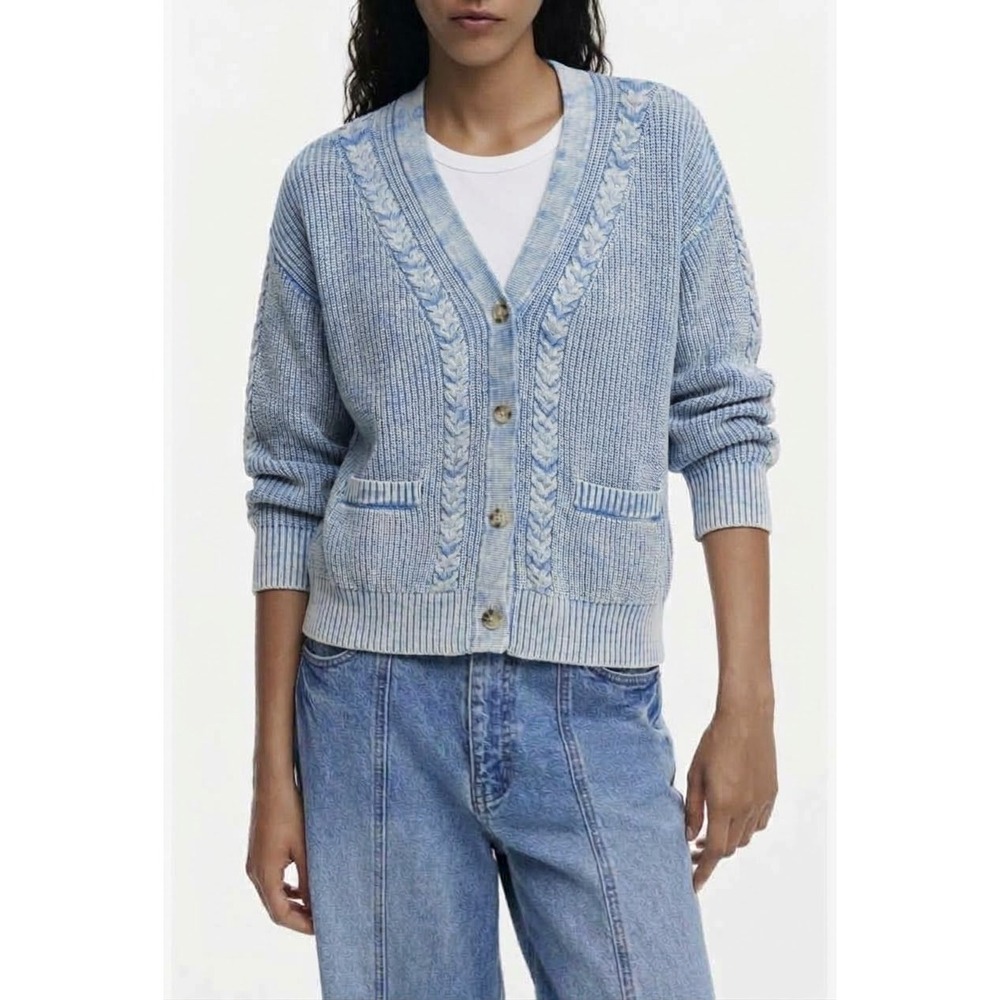 Flag & Anthem Whitney Braided Cardigan Blue Acid Wash Cotton Sweater M New
